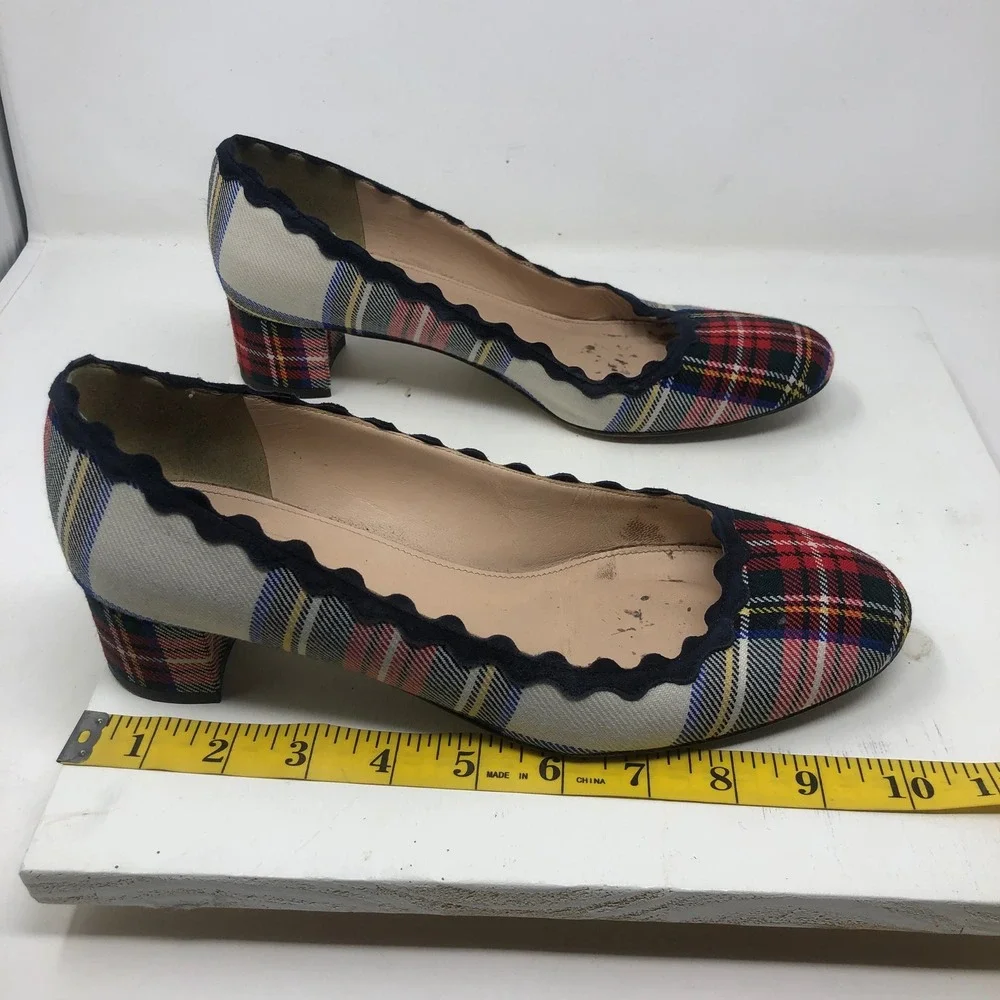 J.Crew Plaid Tartan Block Heel Pumps Womens 9 Multi-Color Scalloped